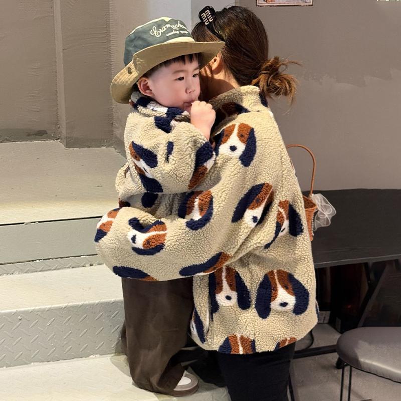 可爱风亲子外套秋冬装提花卫衣普通外套秋冬加绒时尚男女宝宝同款