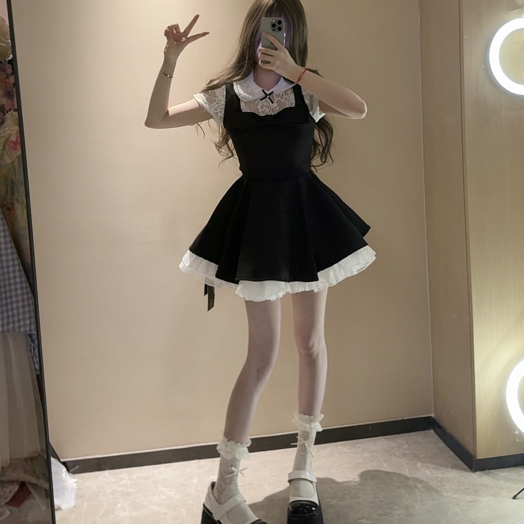 【芭蕾黑天鹅】夏季新款法式假两件黑撞白蕾丝收腰裙子