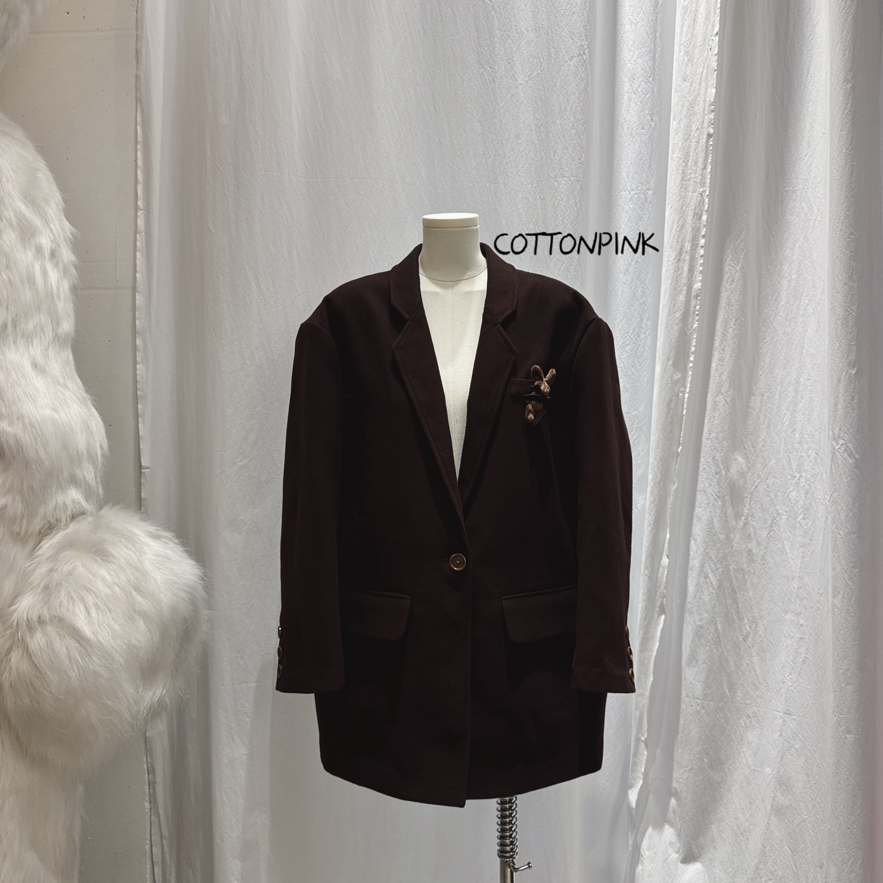 COTTONPINK女装秋冬保暖中长款外套气质百搭时尚西装领毛呢大衣女