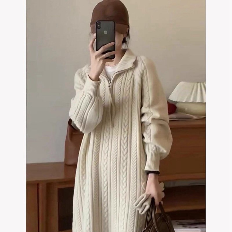 QSS0753秋季拉链女神范漂亮时尚女装高端洋气针织长款毛衣连衣裙