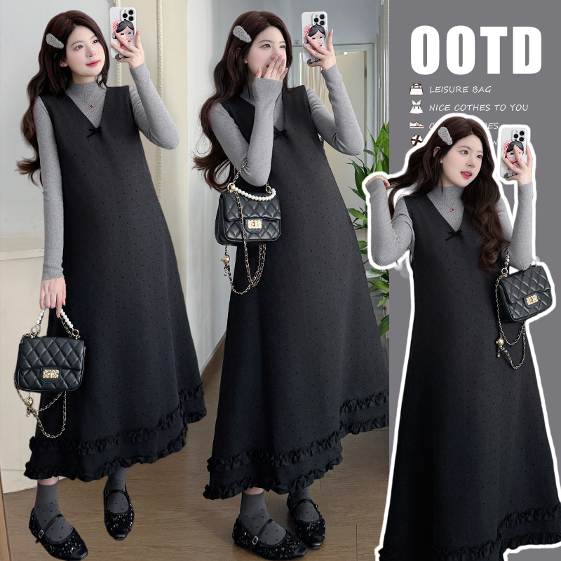 {糕糕}孕妇装2025秋冬新款法式波点木耳边连衣裙+打底衫气质套装