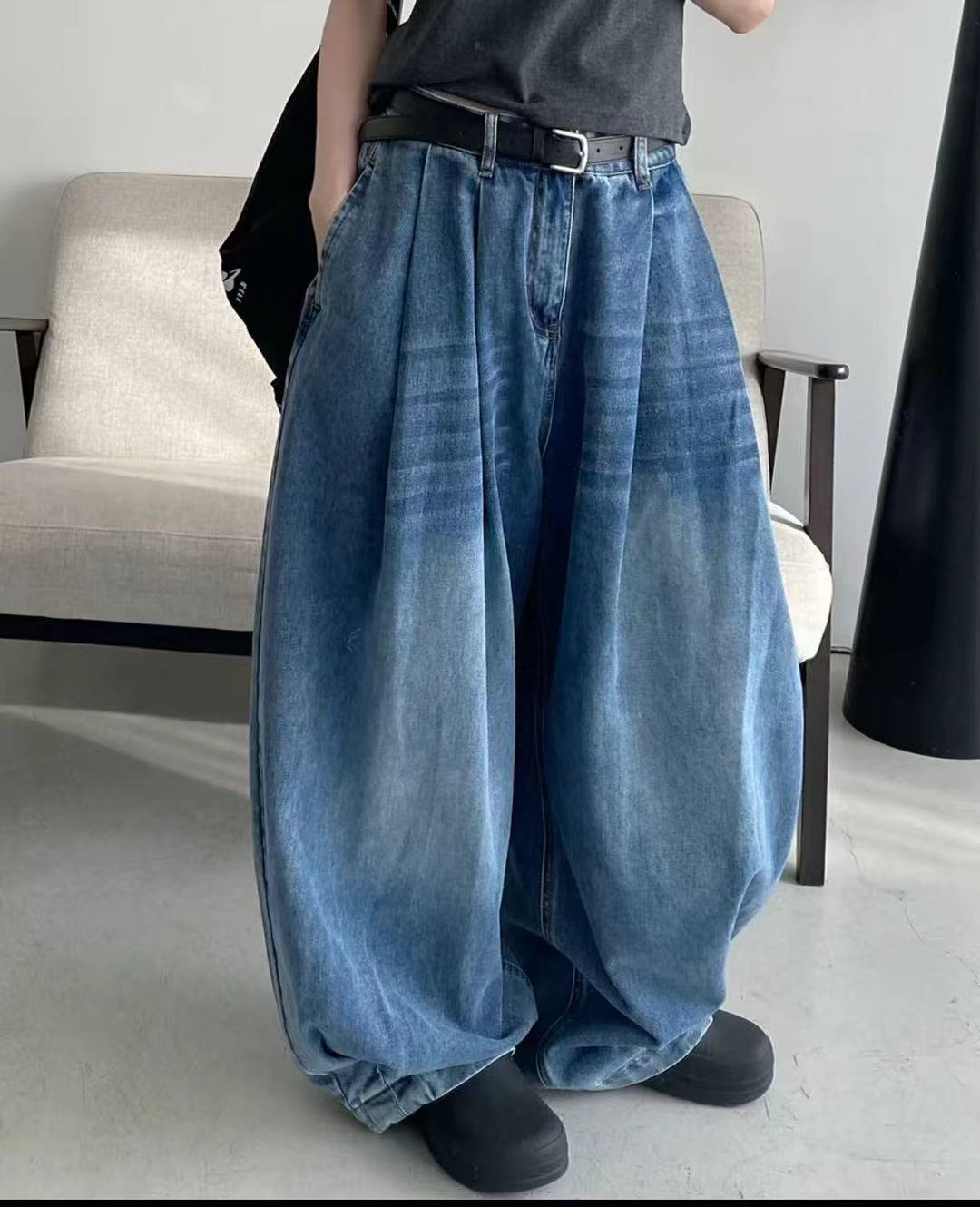 【若汐女装】复古渐变直筒韩版休闲百搭慵懒风显瘦水洗软牛仔裤8307