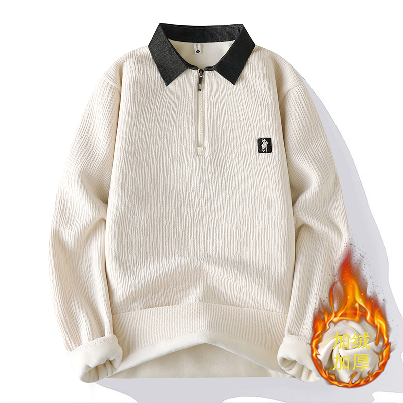 一体绒 半拉链假两件衬衫领提花加绒毛衣2025冬季保暖加绒针织衫