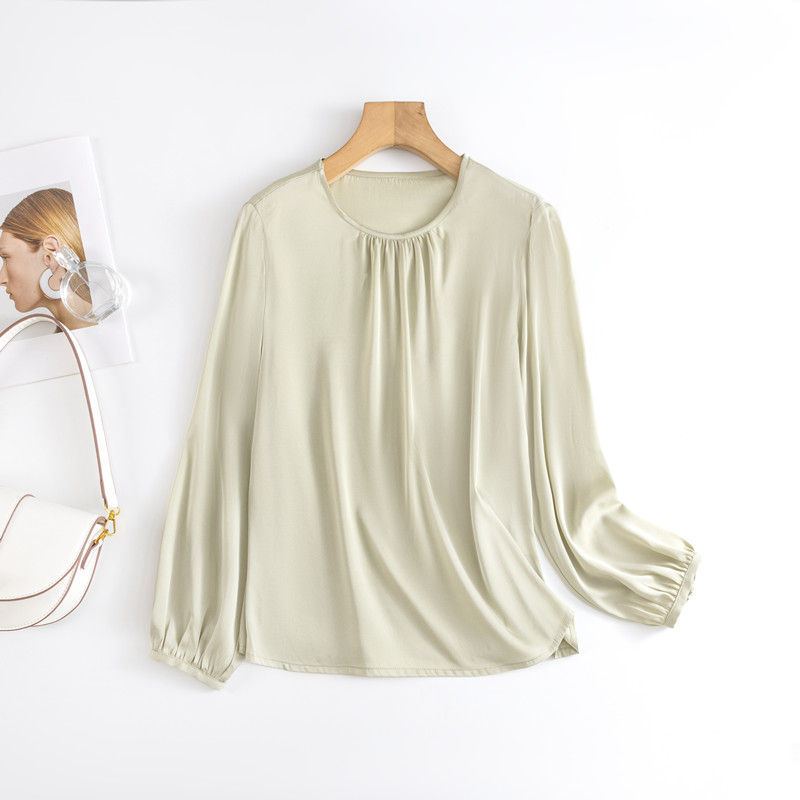 垂感真丝纯色衬衣女宽松显瘦桑蚕丝圆领长袖套头打底小衫上衣百搭