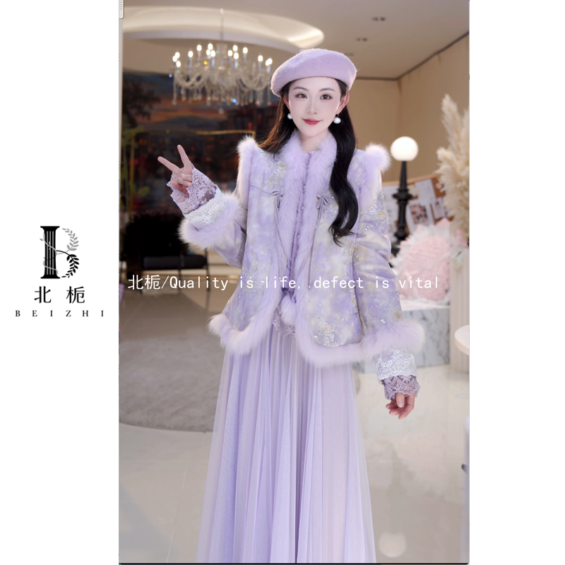 【紫烟绒雪】毛球国风刺绣狐狸毛羽绒服 815767