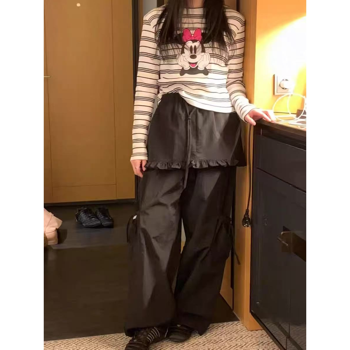 韩国INS时尚拼接皮帘工装裤