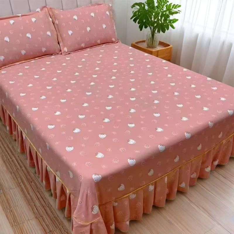 （粉色草莓）加厚磨毛暖绒棉单独床裙