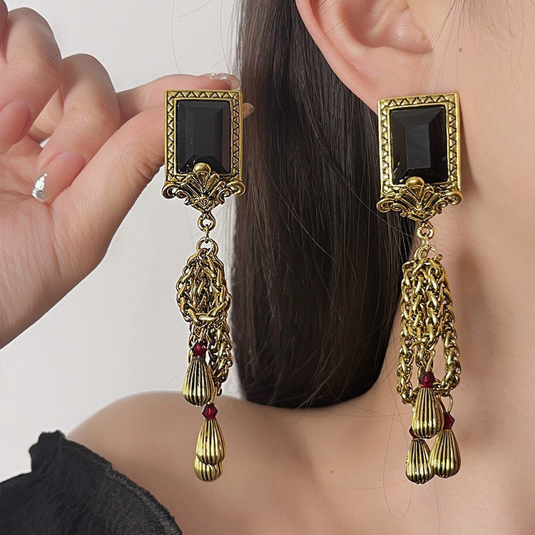 铜合金耳饰 复古黑金流苏耳环