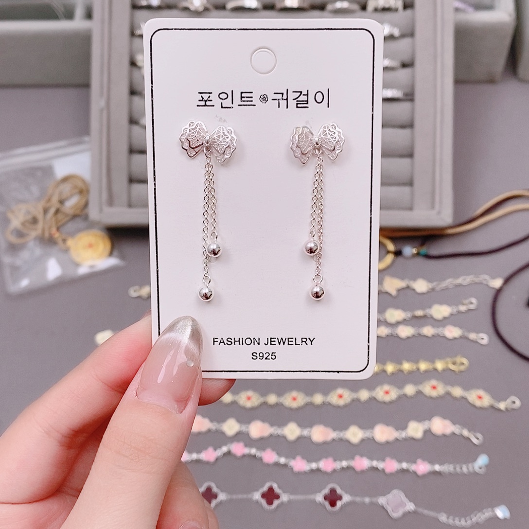 长***乐足银足银990花丝蝴蝶结流苏耳钉