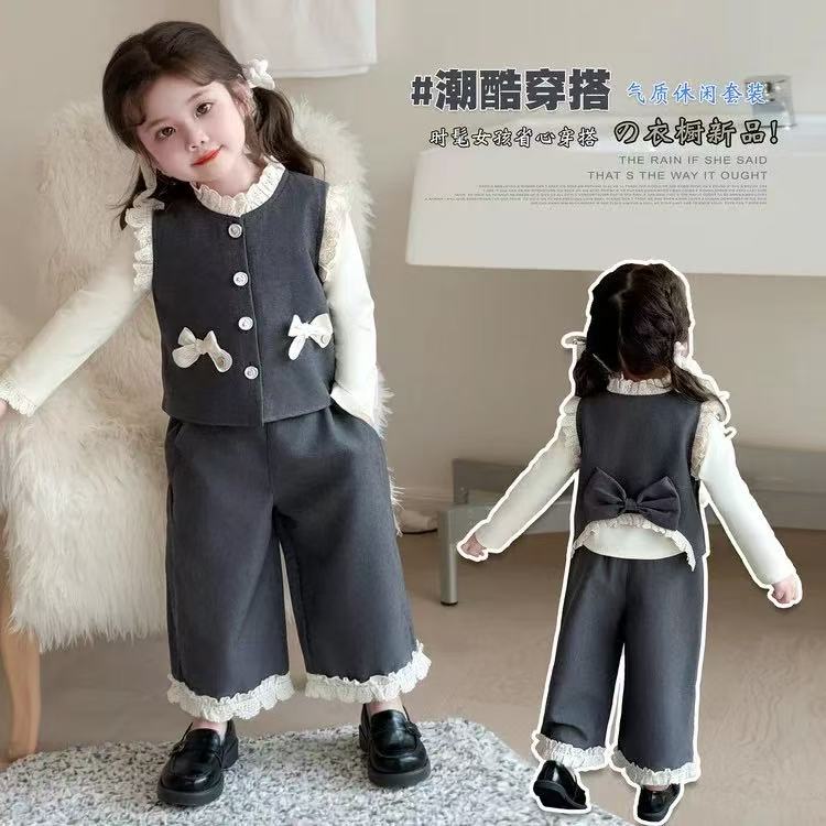 女童韩系套装春秋款女宝宝花边蝴蝶结马甲秋装小女孩阔腿裤三件套