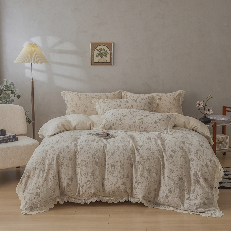 A类亚麻棉麻四件套花边款韩式公主风床单被套日系棉纱奢华床品