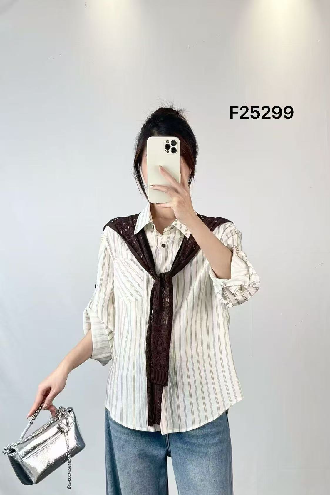 【慕妍专属】25299【衣长62】港味复古披肩条纹长袖衬衫