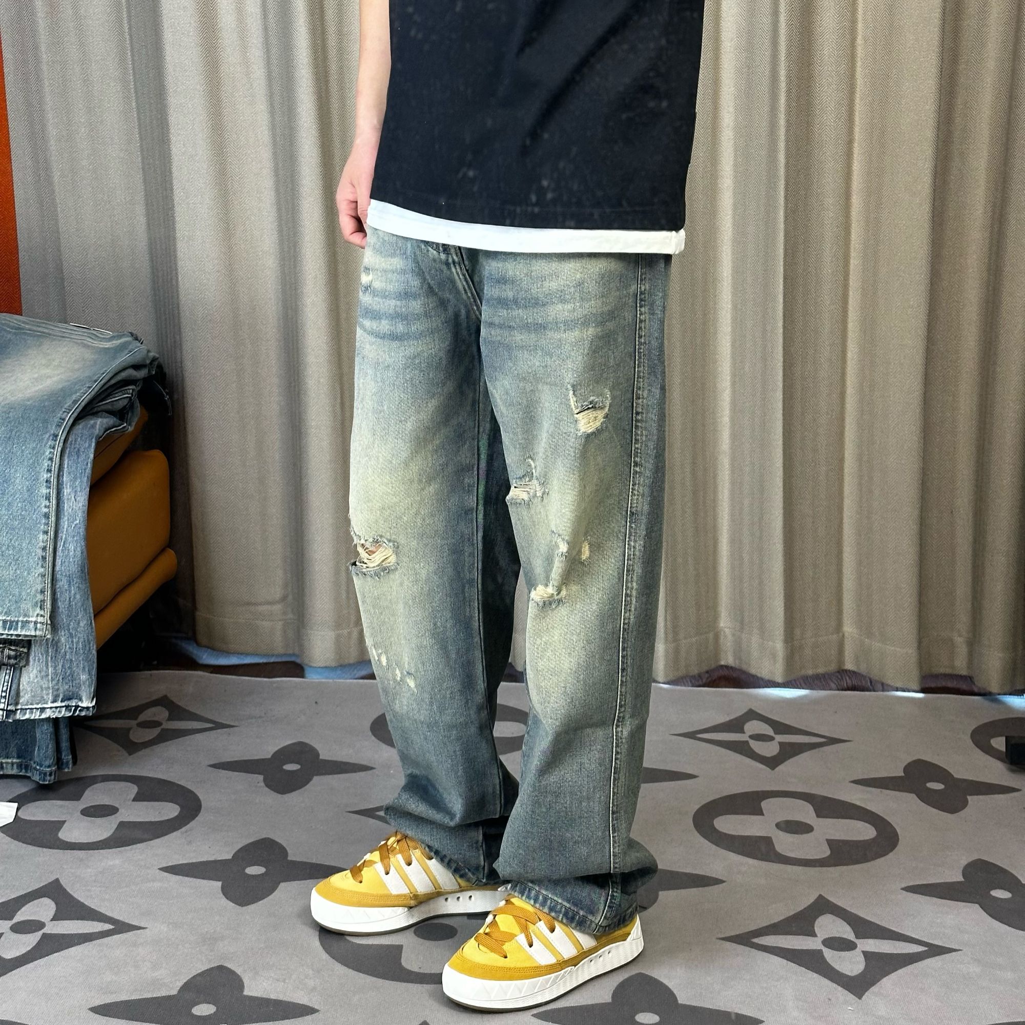 破洞牛仔裤男春季新款复古水洗做旧休闲长裤美式高街宽松直筒裤子