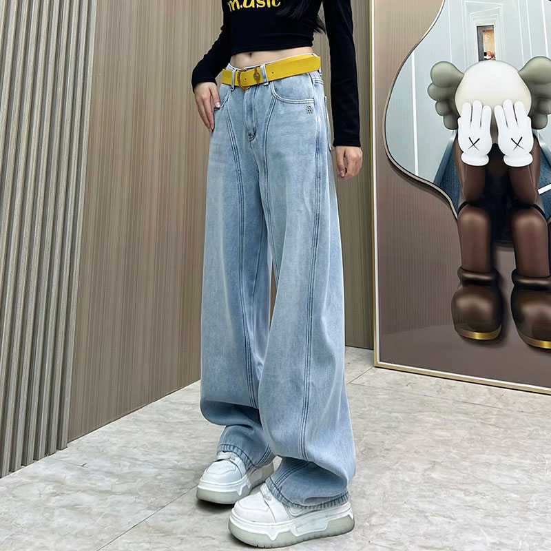 明线设计牛仔裤女2024冬季加绒加厚阔腿裤浅色水洗休闲显瘦拖地裤