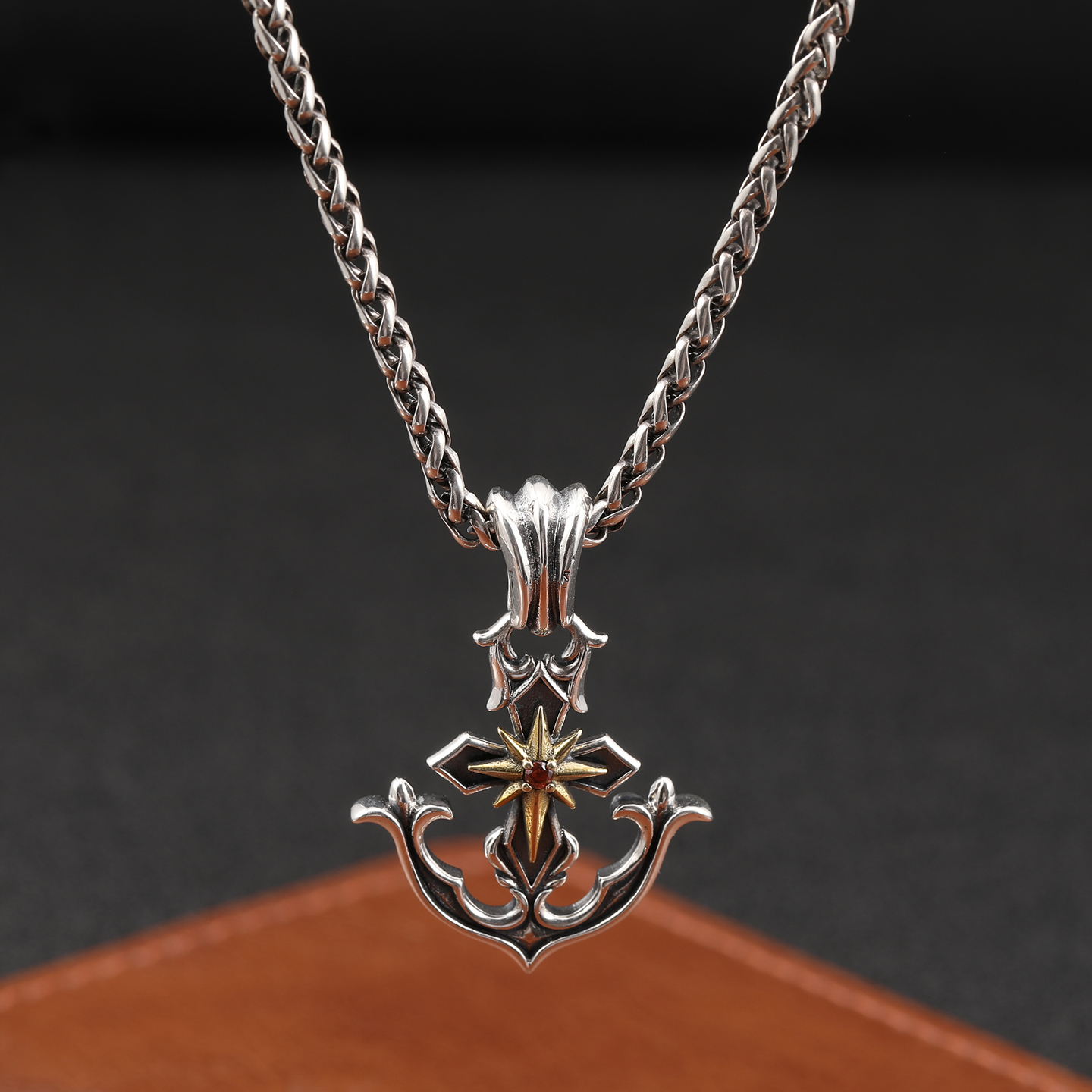 吊坠925银 复古做旧航海家十字架船锚吊坠情侣撞色个性星芒挂件