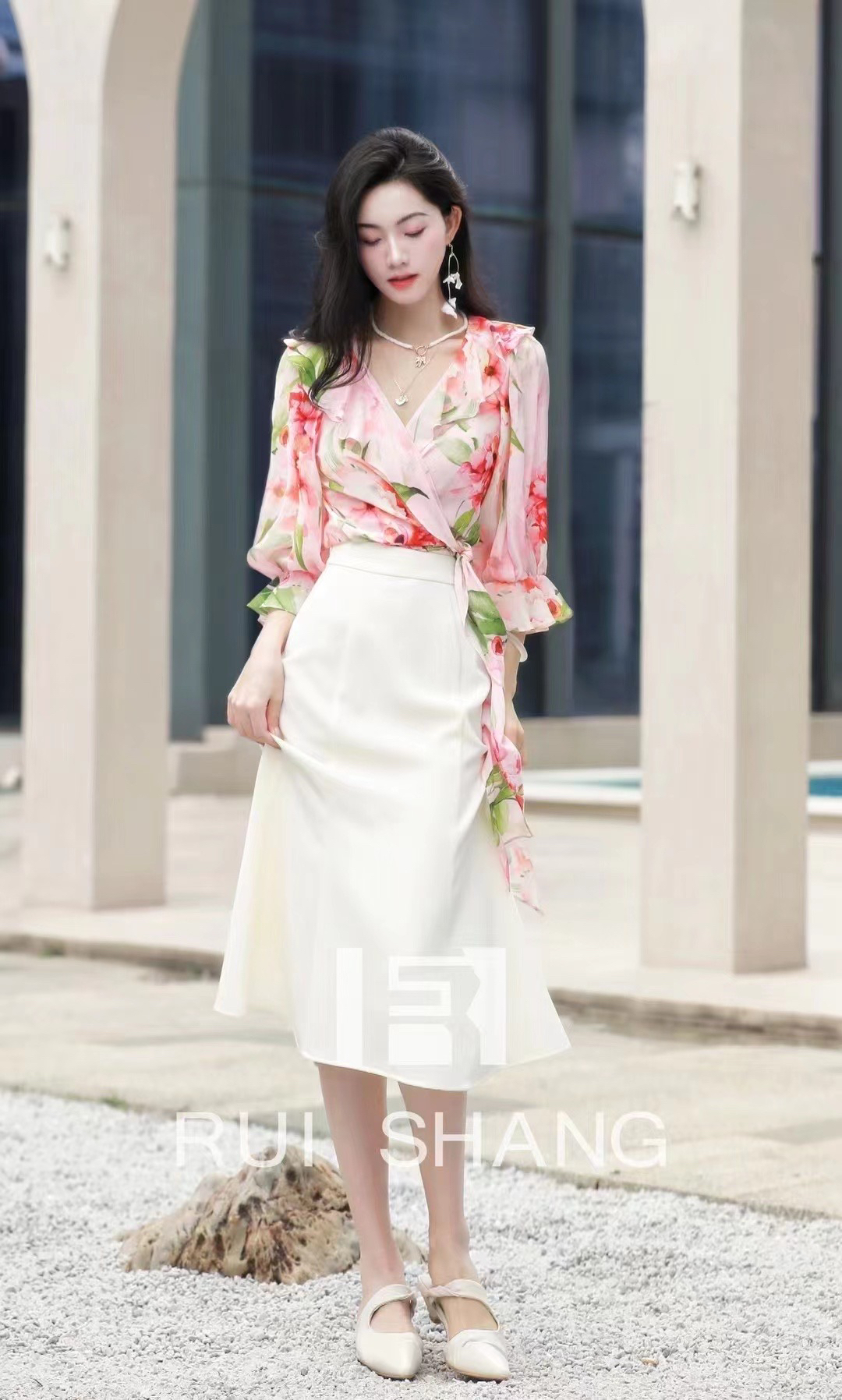 一片式裹身印花桑蚕丝真丝重磅浪漫上衣夏季