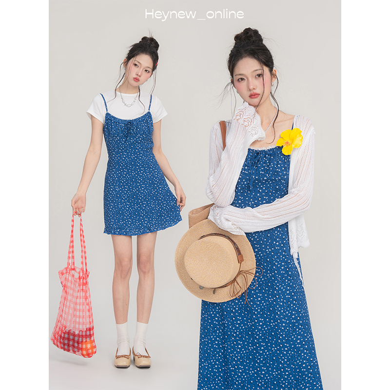 【年中清清】长短款蓝色碎花蕾丝法式少女穿搭显瘦吊带连衣裙5C1050