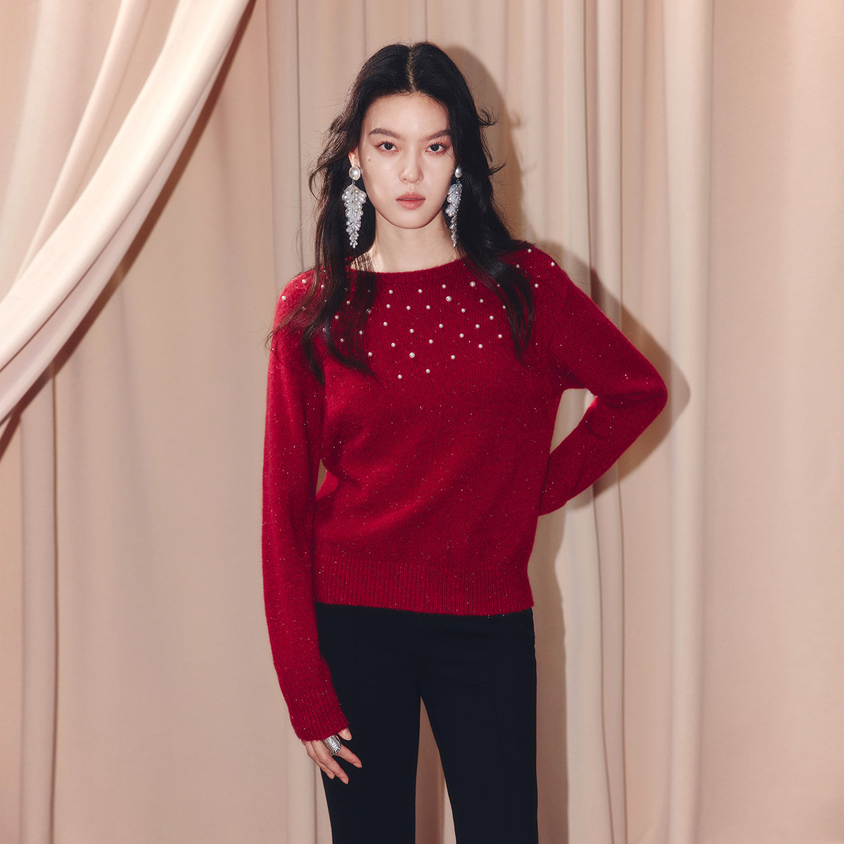 MAXRIENY安哥拉红套头毛针织衫女25冬款慵懒感穿搭