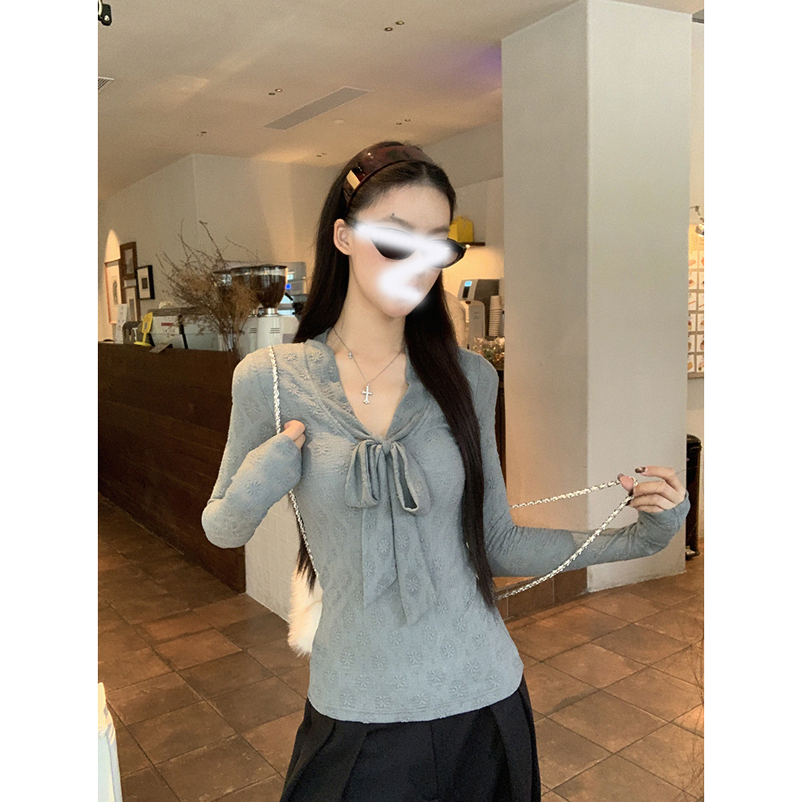 长袖打底衫女新款秋冬装独特漂亮灰色T恤设计感绑带辣妹上衣修身