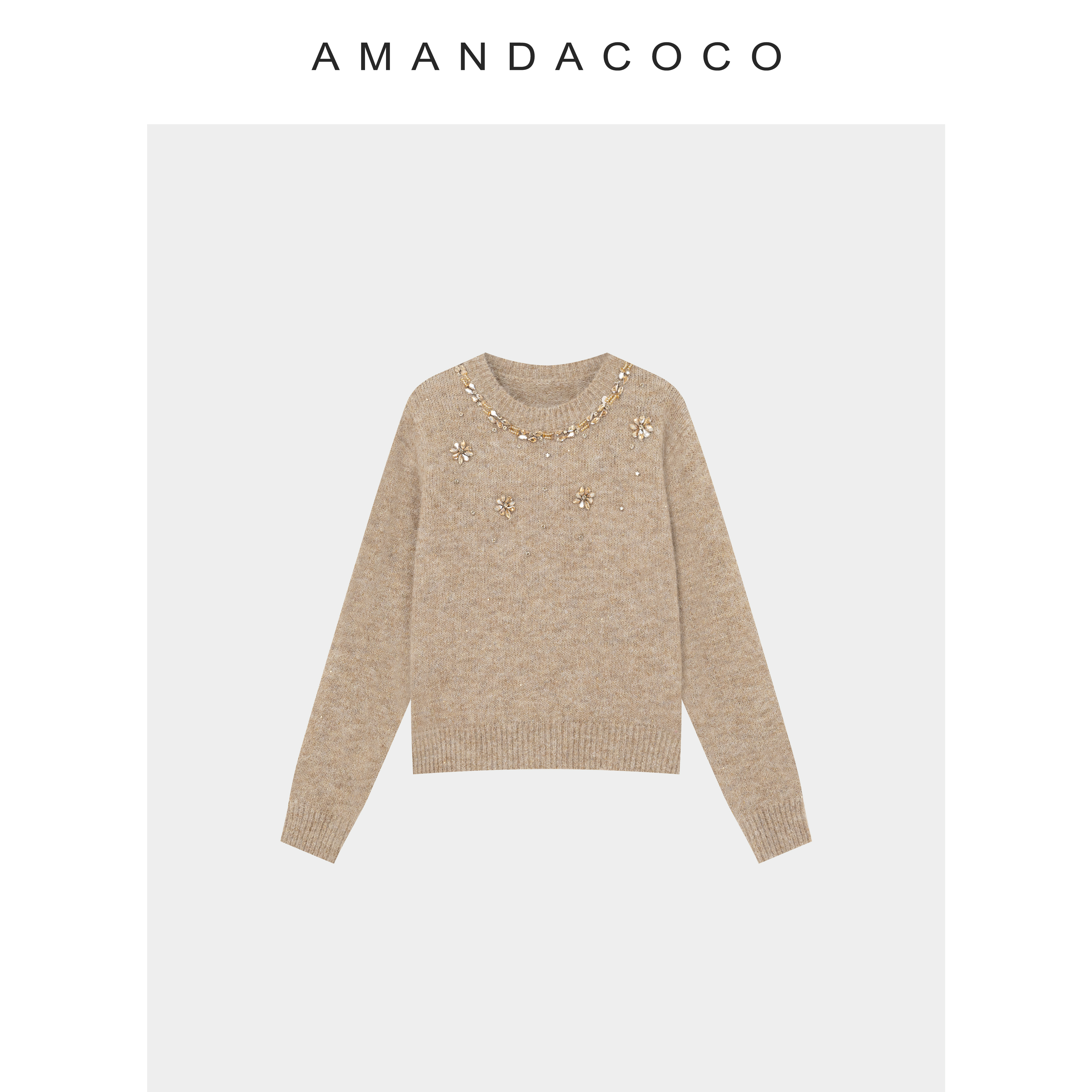 暮色庄园～25秋冬法式串钻圆领气质感显瘦套头针织上衣