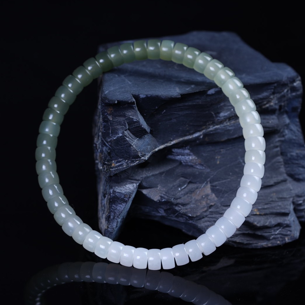 【和田玉白绿渐变手串】6*4｜B0048