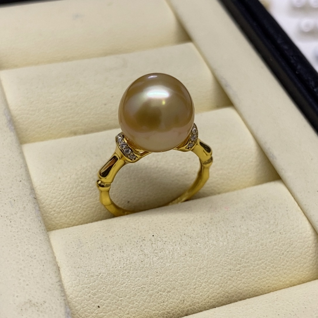 银S925镶嵌戒圈海水珍珠浓金无暇戒指11-12mm17号