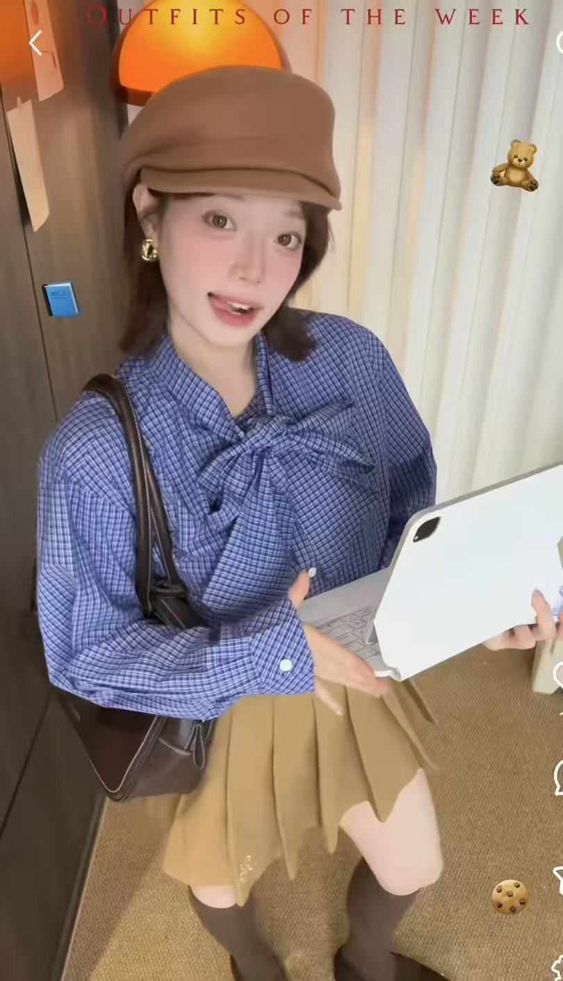 2025格子宽松设计感衬衫女秋冬长袖蝴蝶结上衣 · 百褶裙