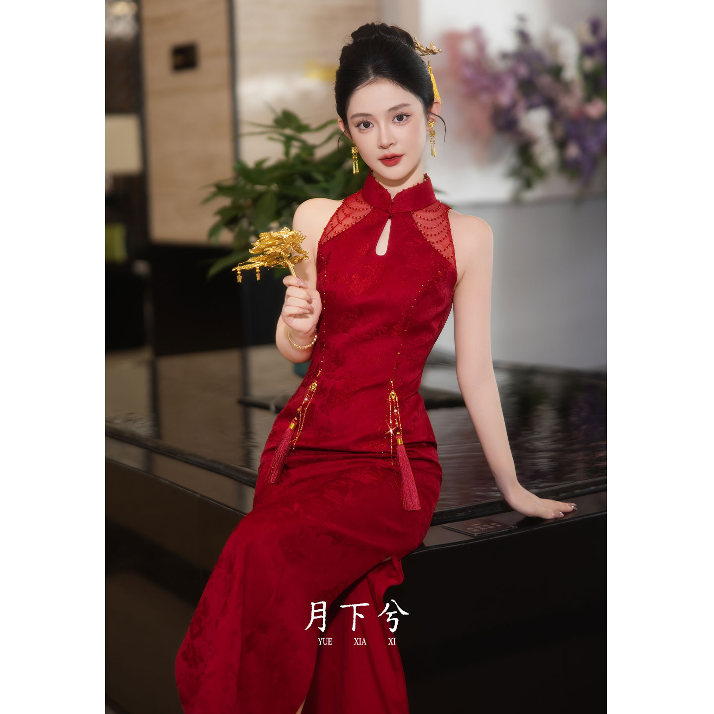 【月下兮-韵姿】红色敬酒服挂脖旗袍结婚显瘦旗袍新中式礼服回门服