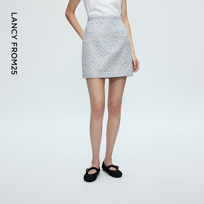 朗姿羊毛花纱优雅小香风半身裙简约气质直筒半裙女2025年冬季新款
