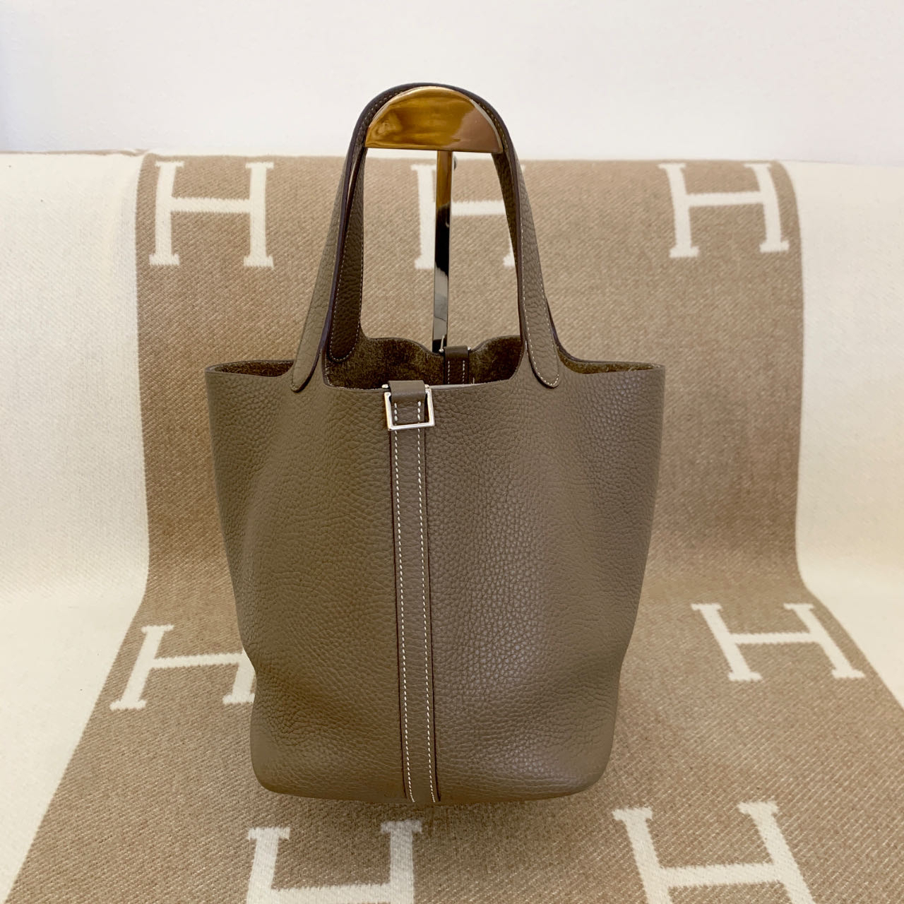 99新 Hermes/爱马仕 菜篮子22 大象灰 银扣 0114q8