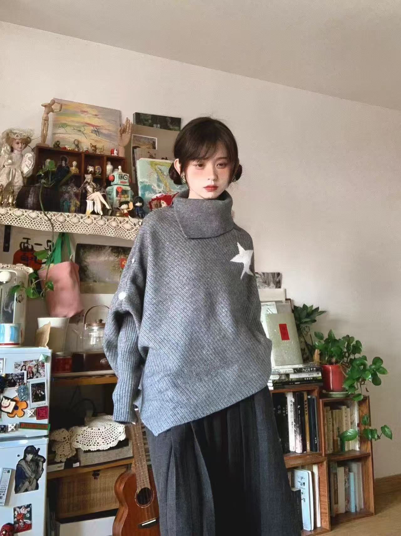 韩系不规则设计感宽松小众灰色斗篷高领星星毛衣披风针织衫女秋冬