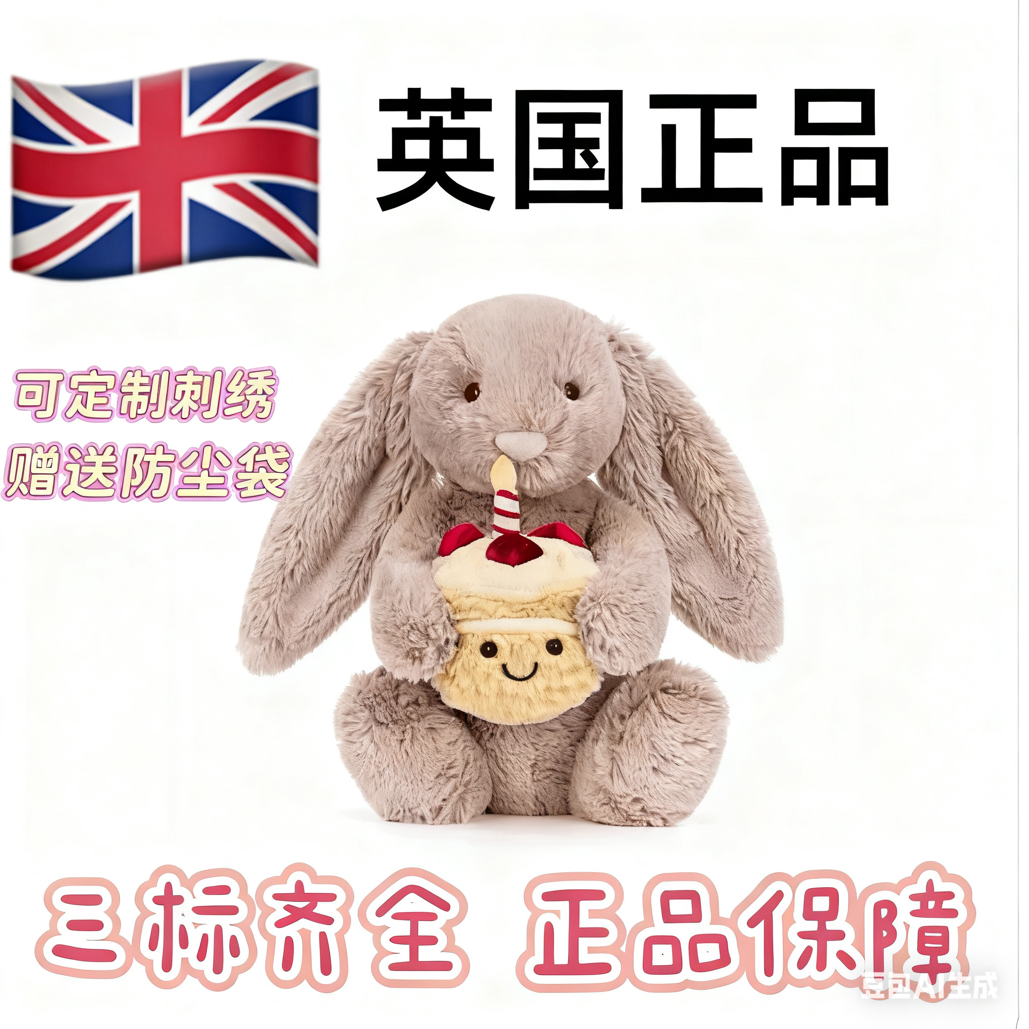 英国正版 怀抱生日蛋糕米色邦尼兔毛绒安抚玩偶送朋友生日礼物