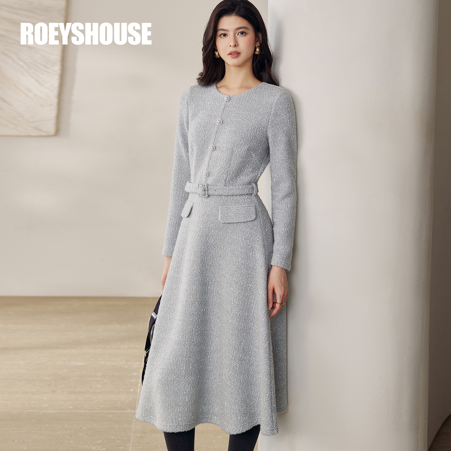 【RH】罗衣小香风亮丝粗花呢连衣裙女秋冬绵羊毛系带中长裙13030