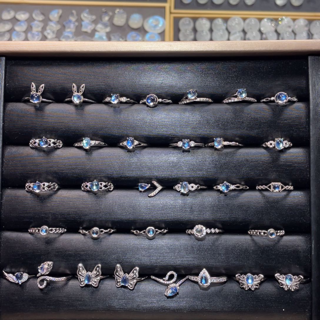 月光石戒指银S925镶嵌印度蓝月光戒指活口可调节