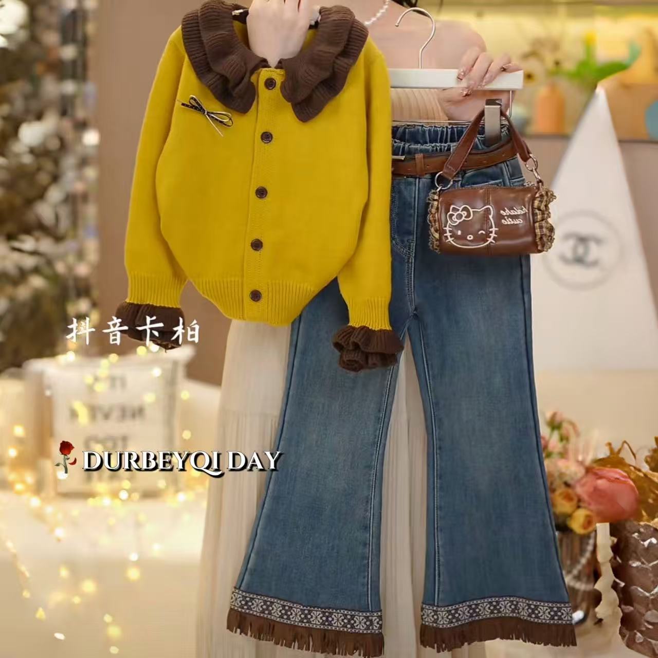 女童2025秋季新款毛衣娃娃领微喇牛仔裤套装5761