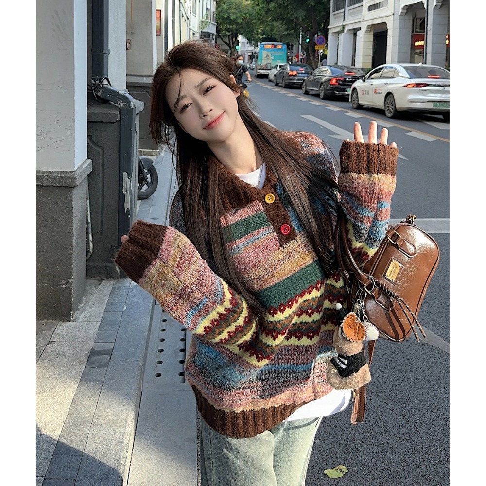 彩色条纹翻领毛衣通用秋季加厚设计感长袖减龄针织套头上衣