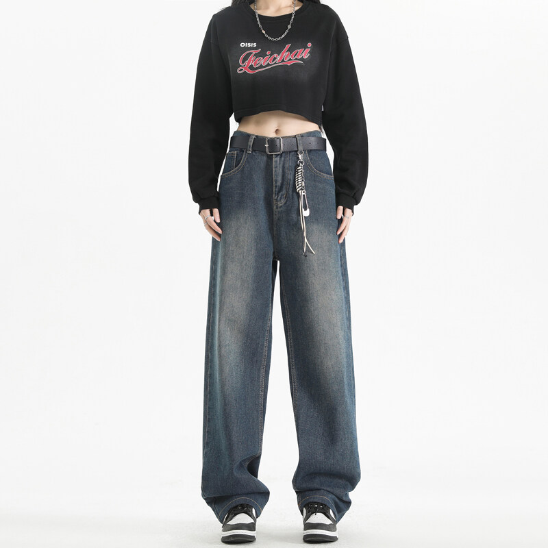 美式显瘦加绒牛仔裤男女秋冬新款水洗做旧炸街痞帅直筒微喇长裤子