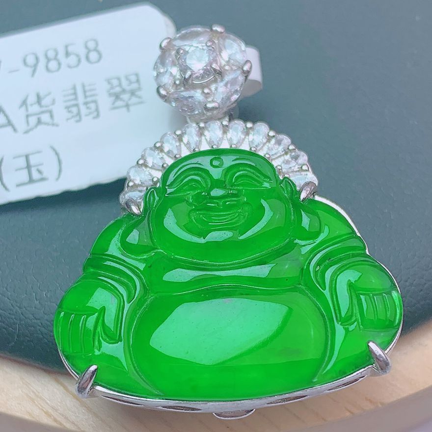 925银豪华镶嵌正品天然A货翡翠佛公吊坠
