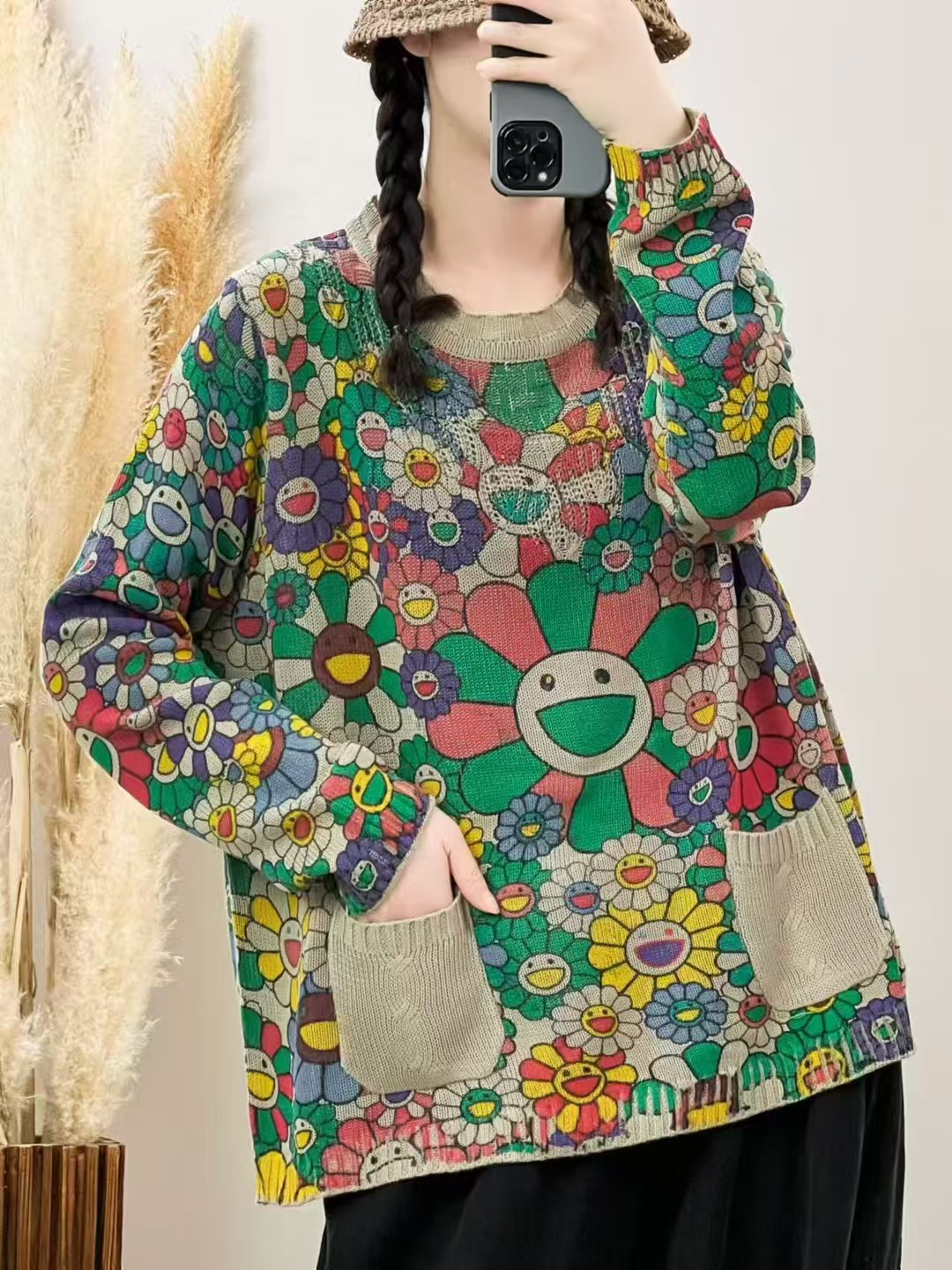 【秋上新】印花女宽松不褪色宽松型毛针织衫上衣针织衫打底碎花