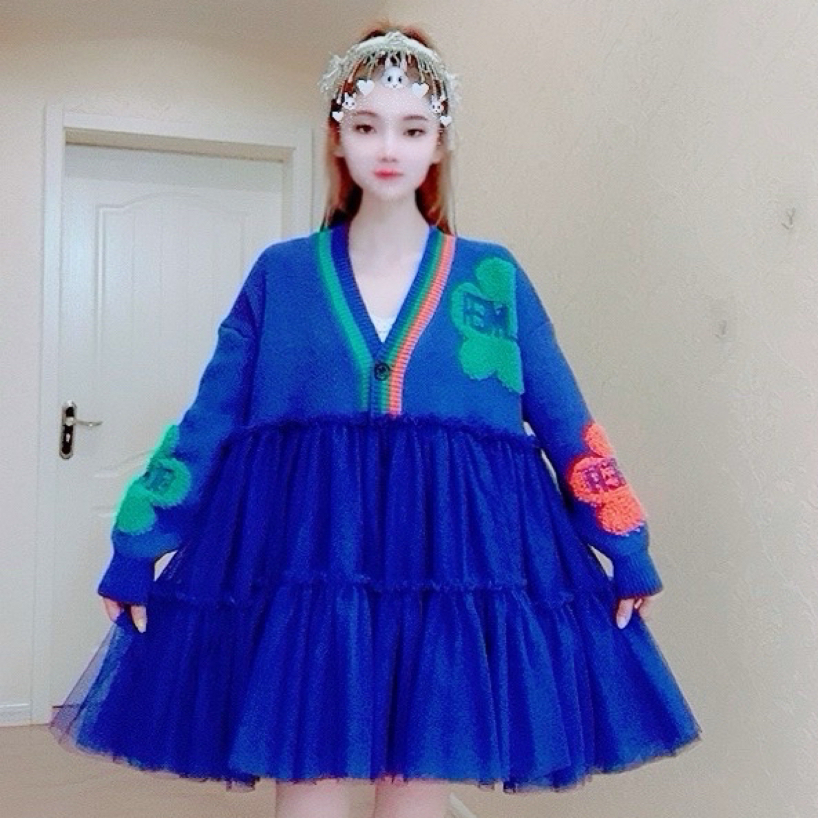【面条家】5373#高品质纱纱拼接针织开衫外套蓬蓬连衣裙