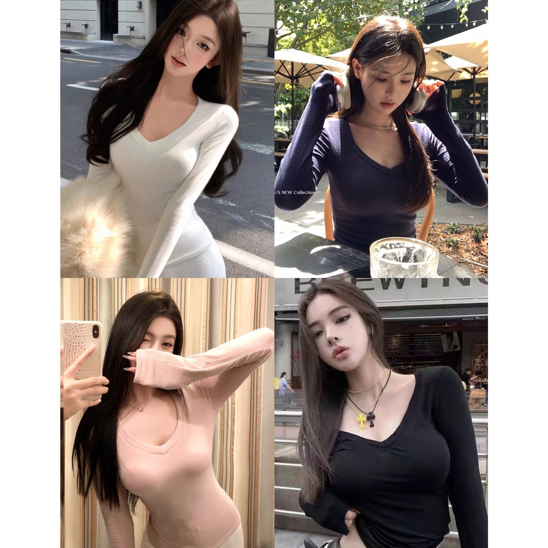 2025【天丝羊毛】美式辣妹风v领长袖t恤内搭修身显瘦短款收腰打底