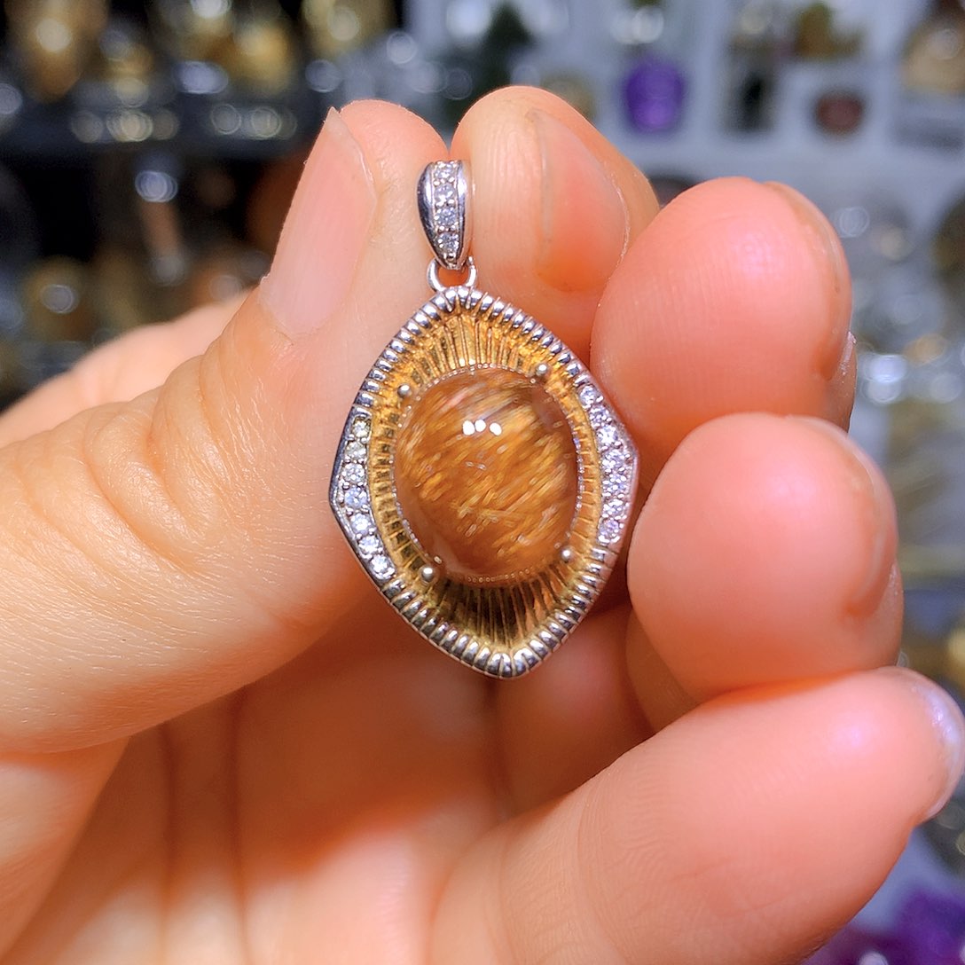 水晶吊坠银S925镀金镶嵌天然水晶