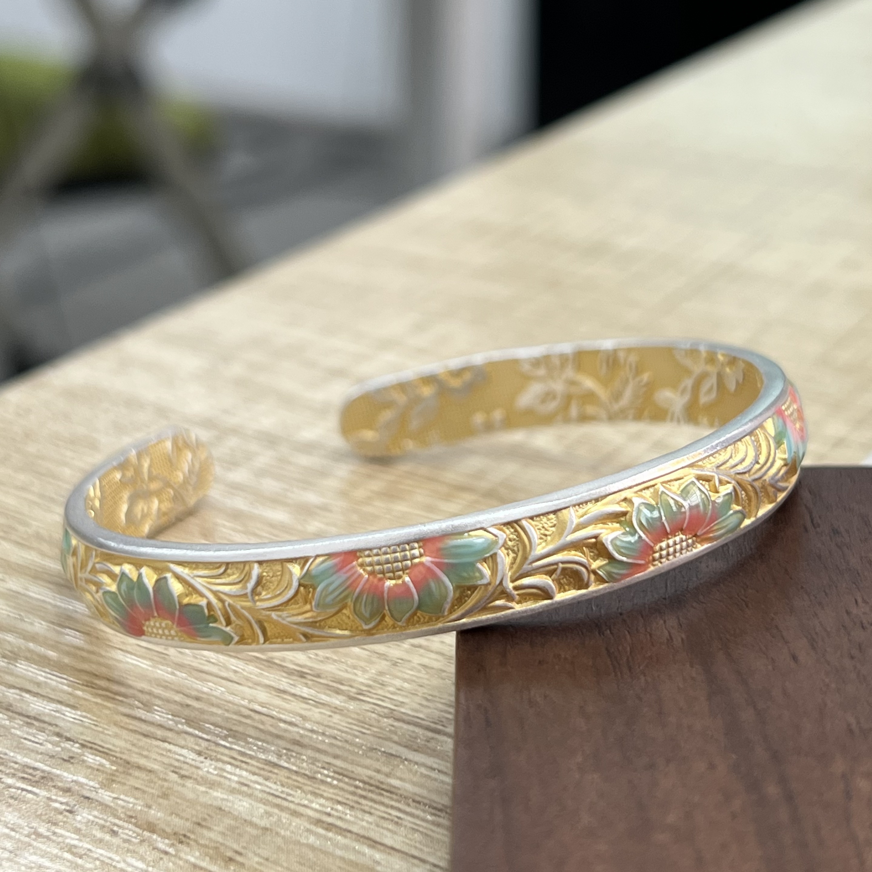 君派 足银手镯 【珐琅向日葵】足银999.9珐琅彩色开口向日葵手镯