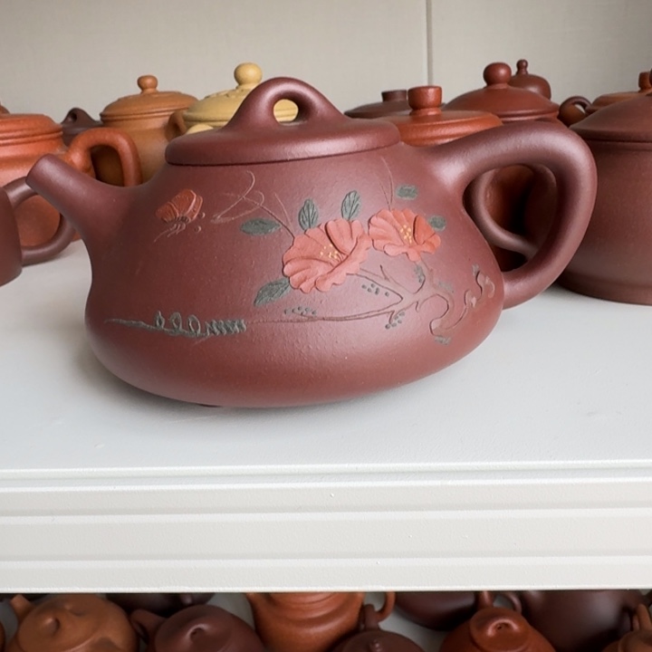 紫砂茶杯紫泥泥绘子冶350cc