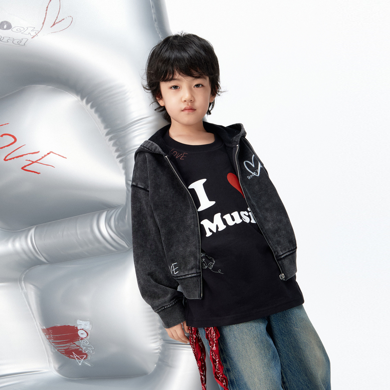 亲子装littlemoco童装26新款男女童涂鸦棉连帽夹克复古外套
