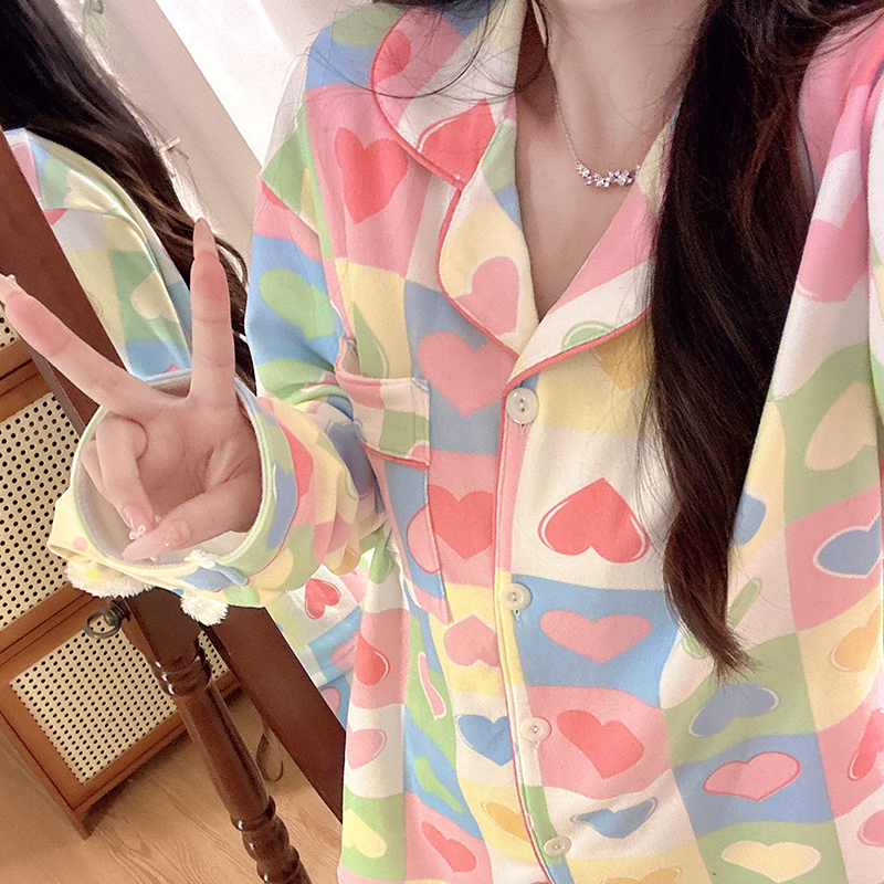 德绒七彩爱心睡衣女秋冬季少女心长袖长裤韩版加厚保暖家居服套装
