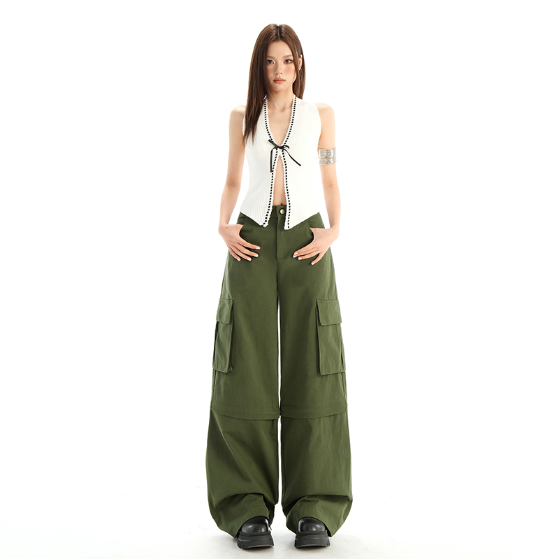 RJVO新款可脱卸两穿军绿高腰直筒休闲阔腿多口袋工装裤