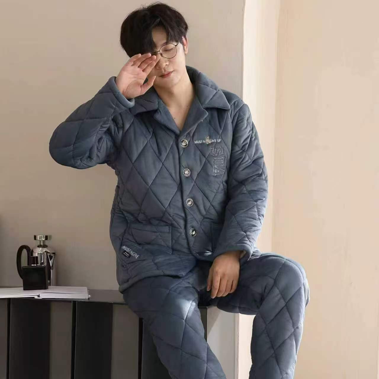 男士冬季睡衣保暖夹层加厚开衫2025款格子家居服套装夹棉袄中长款