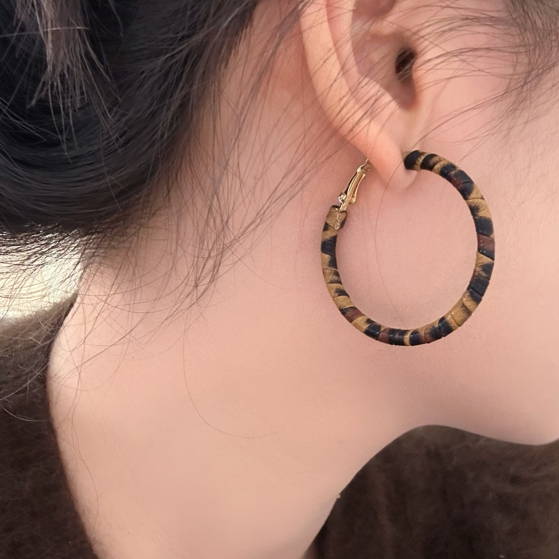 铜合金皮质耳饰 【么么专属】复古豹纹正圆4cm圈圈耳环银针简约耳扣