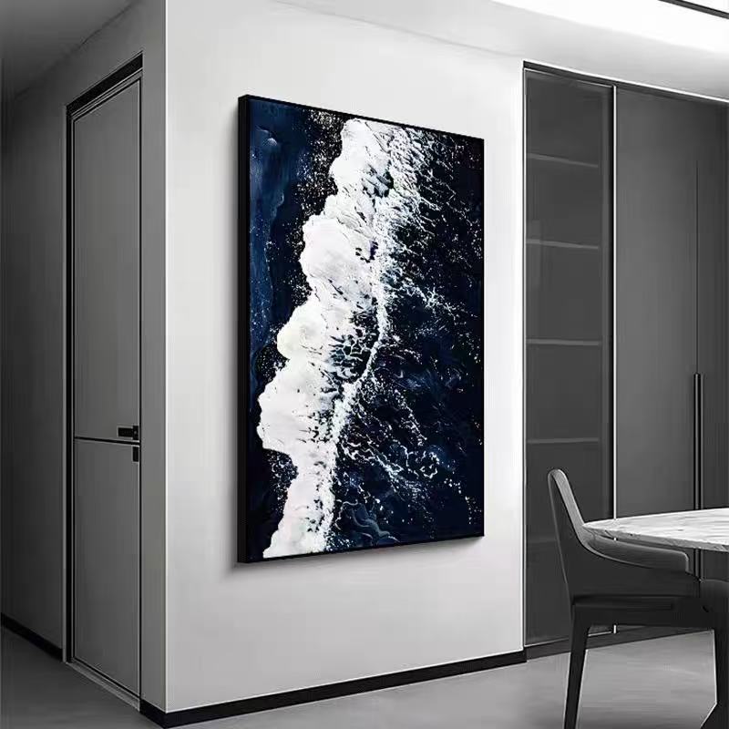 L现代简约黑白晶瓷画挂画客厅背景墙玄关卧室装饰画海浪80120